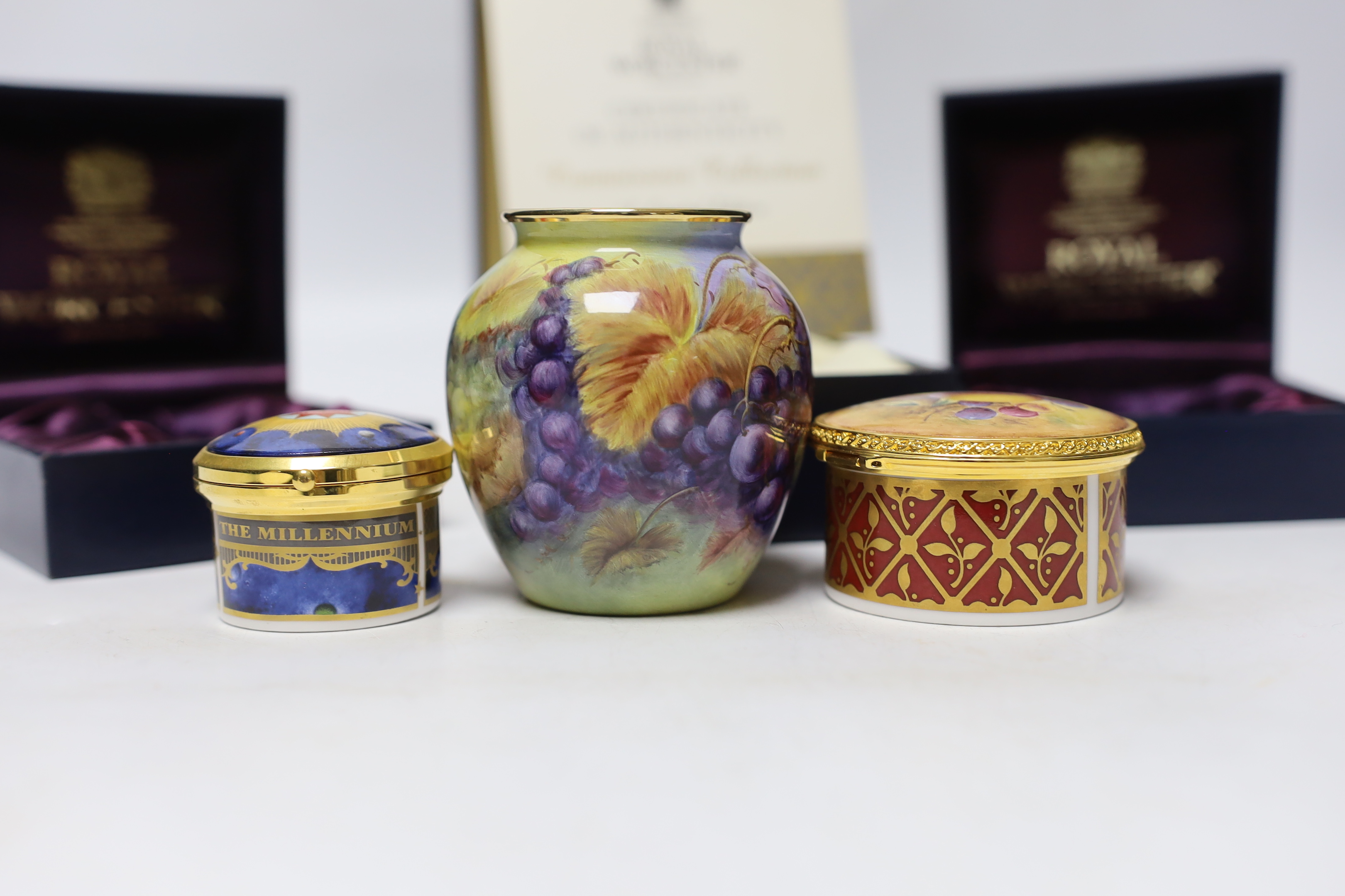 A modern boxed limited edition Moorcroft enamel vase, together with two Royal Worcester boxed porcelain boxes (3)